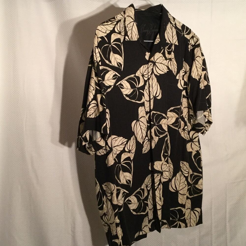 Tommy Bahama L silk camp shirt black cream tropical floral euc like new